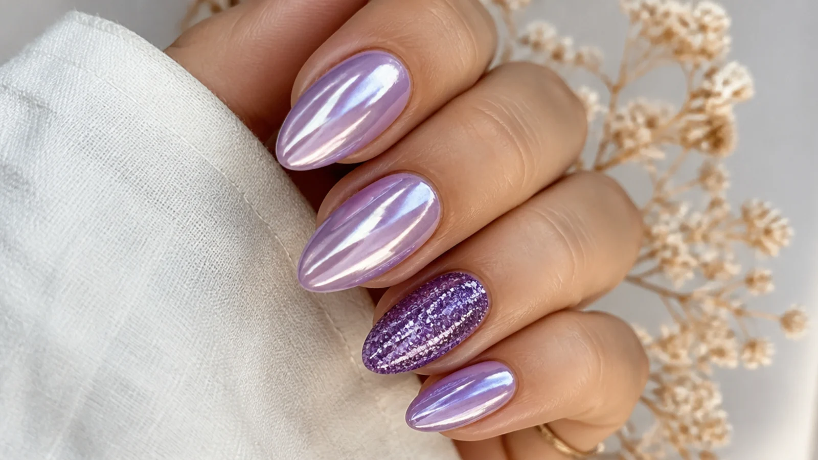 Lilac chrome nails with one purple glitter accent nail