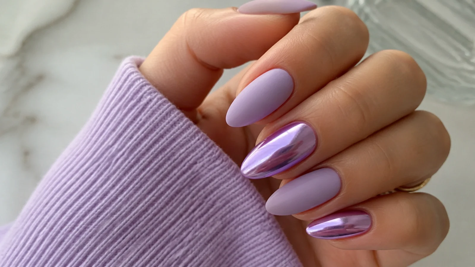 Lilac nails alternating matte finish with shiny chrome finish