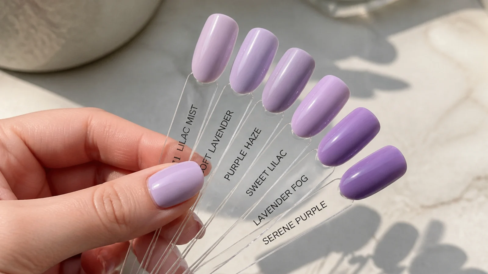 Swatching light purple gel shades on nail tips to find the exact lilac
