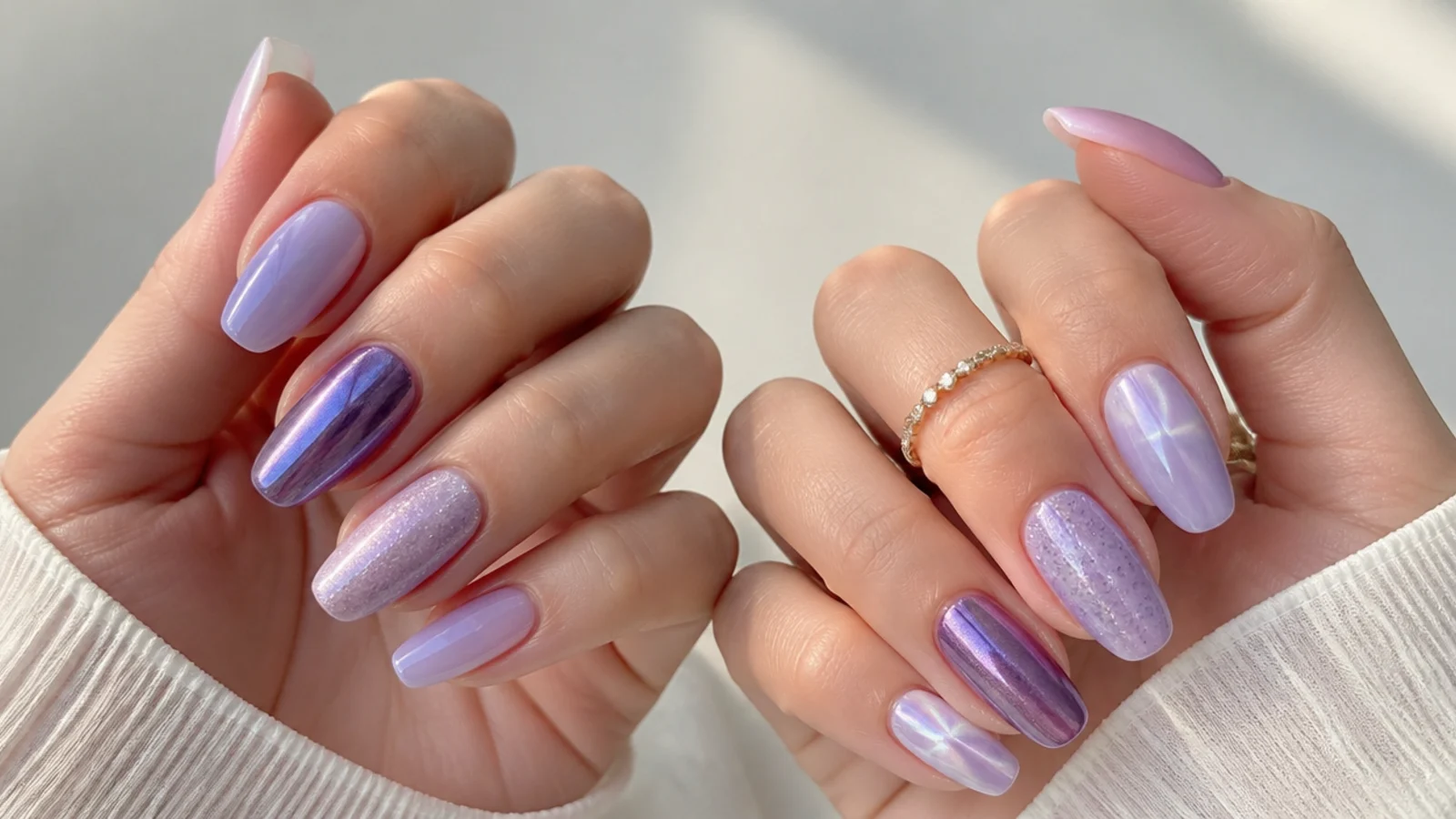 Light purple nails shown in chrome, milky, glitter, ombre and cat-eye finishes