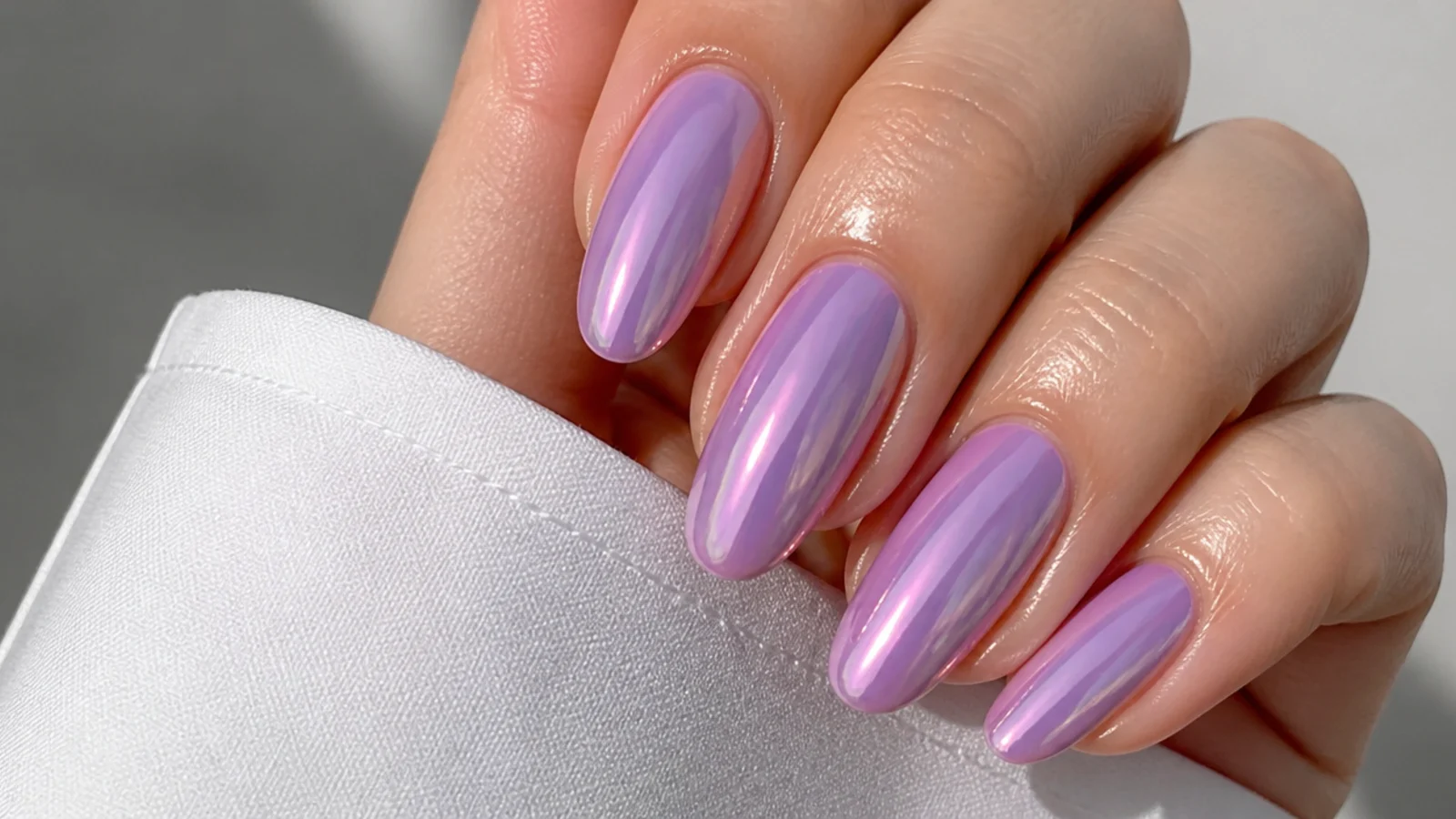 A well-sealed light purple chrome manicure with cuticle oil for longevity
