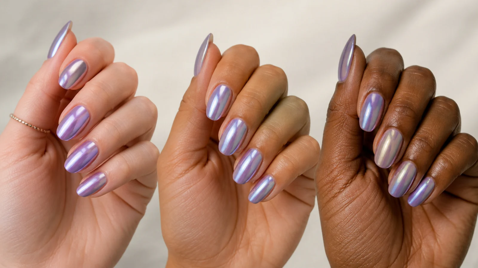 Three light purple chrome swatches shown against fair, tan and deep skin