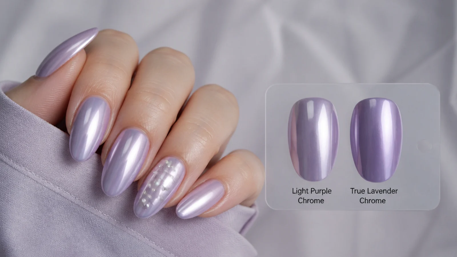 Light purple chrome nails beside a true lavender chrome swatch for comparison