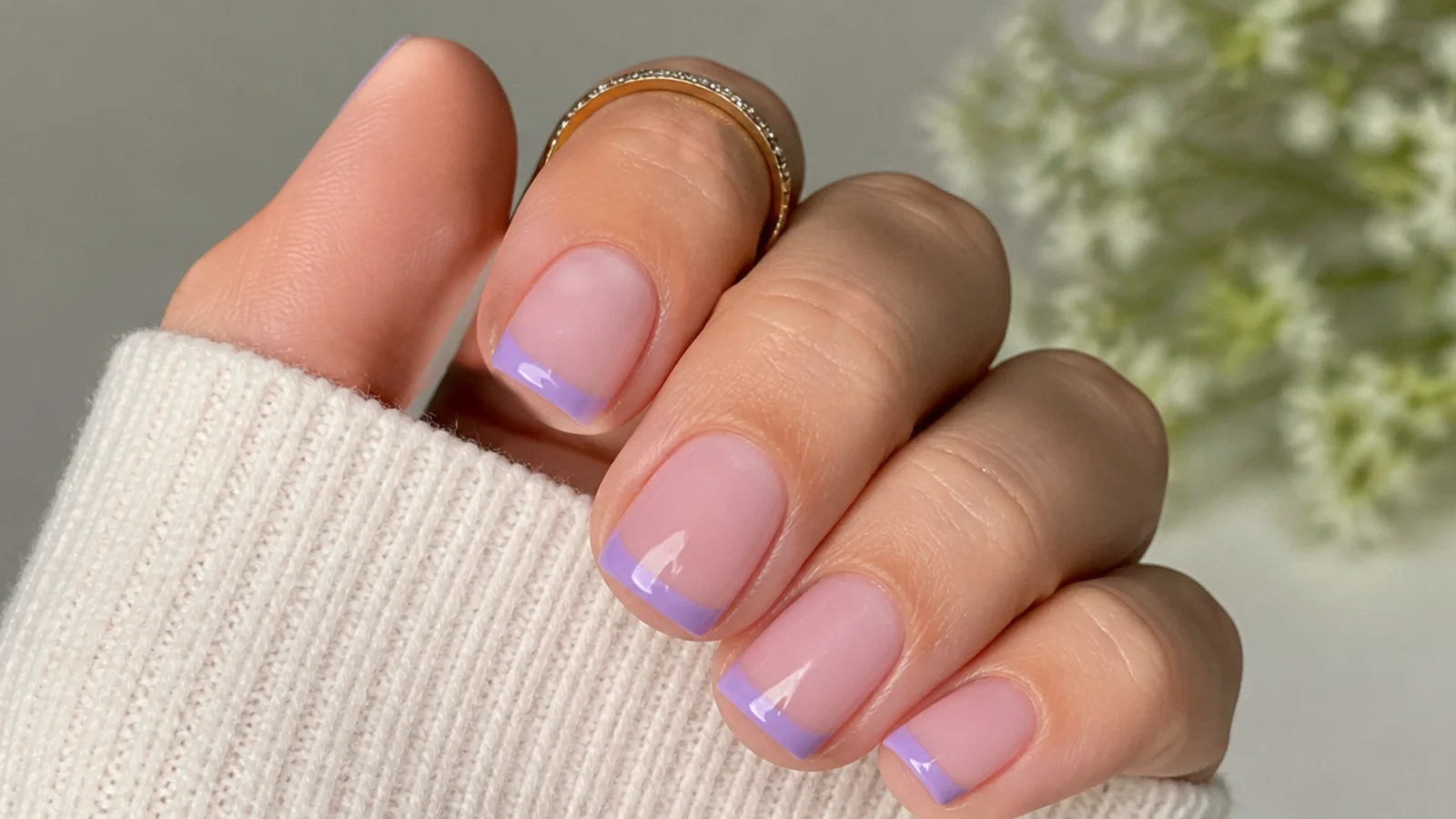 Pastel grayed lavender french tips on short squoval nails