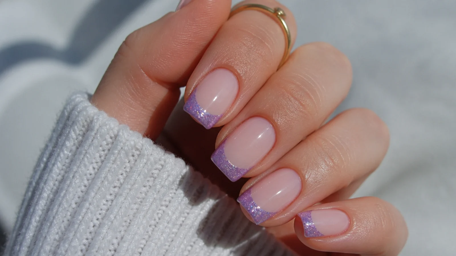Sparkly lilac glitter french tips on a milky base