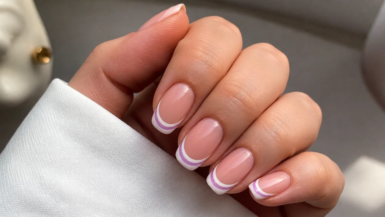 Double french tips with a lilac and white line on a nude nail