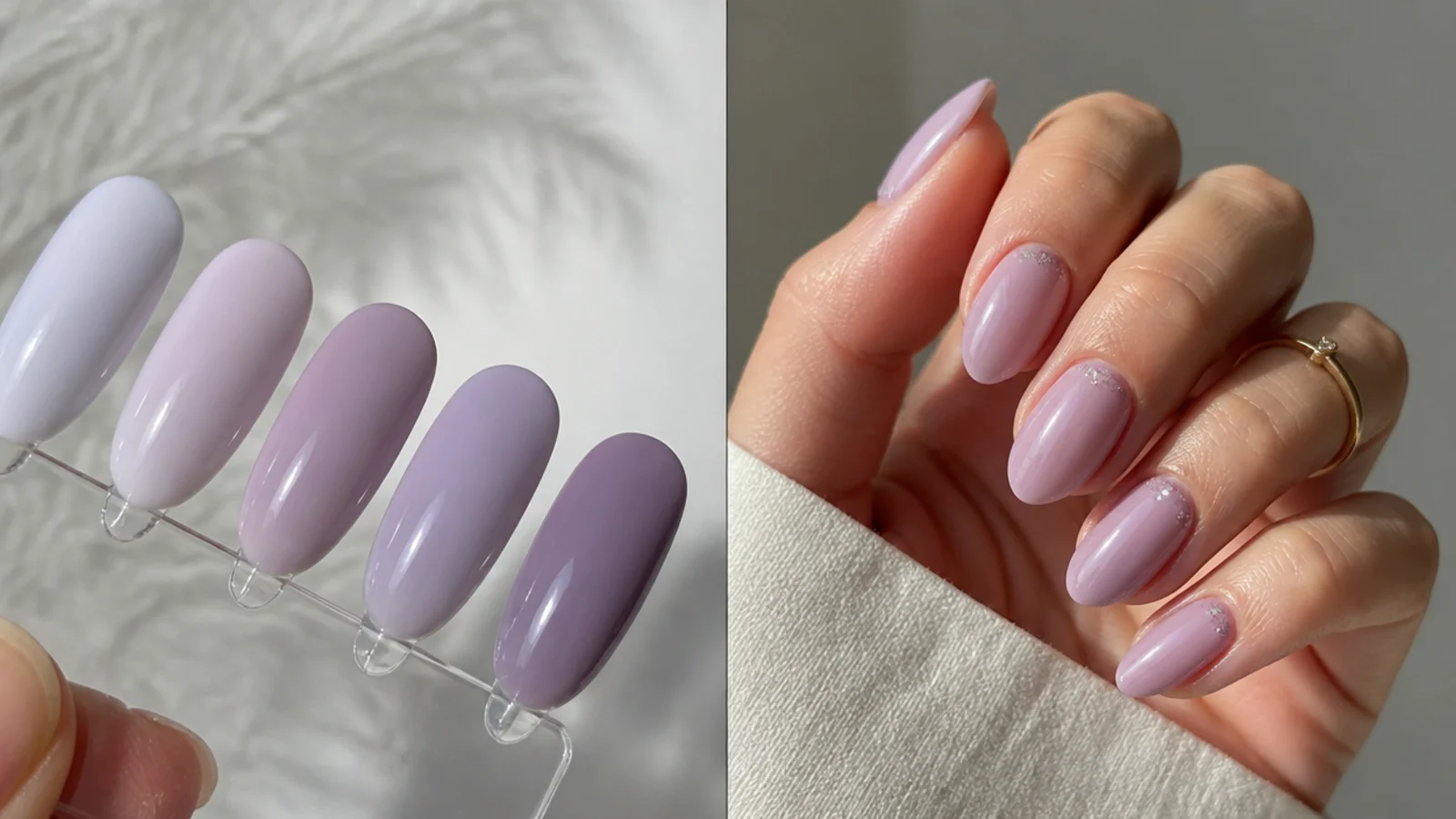 Swatches of milky, grayed and pink-leaning light purple gel on a palette
