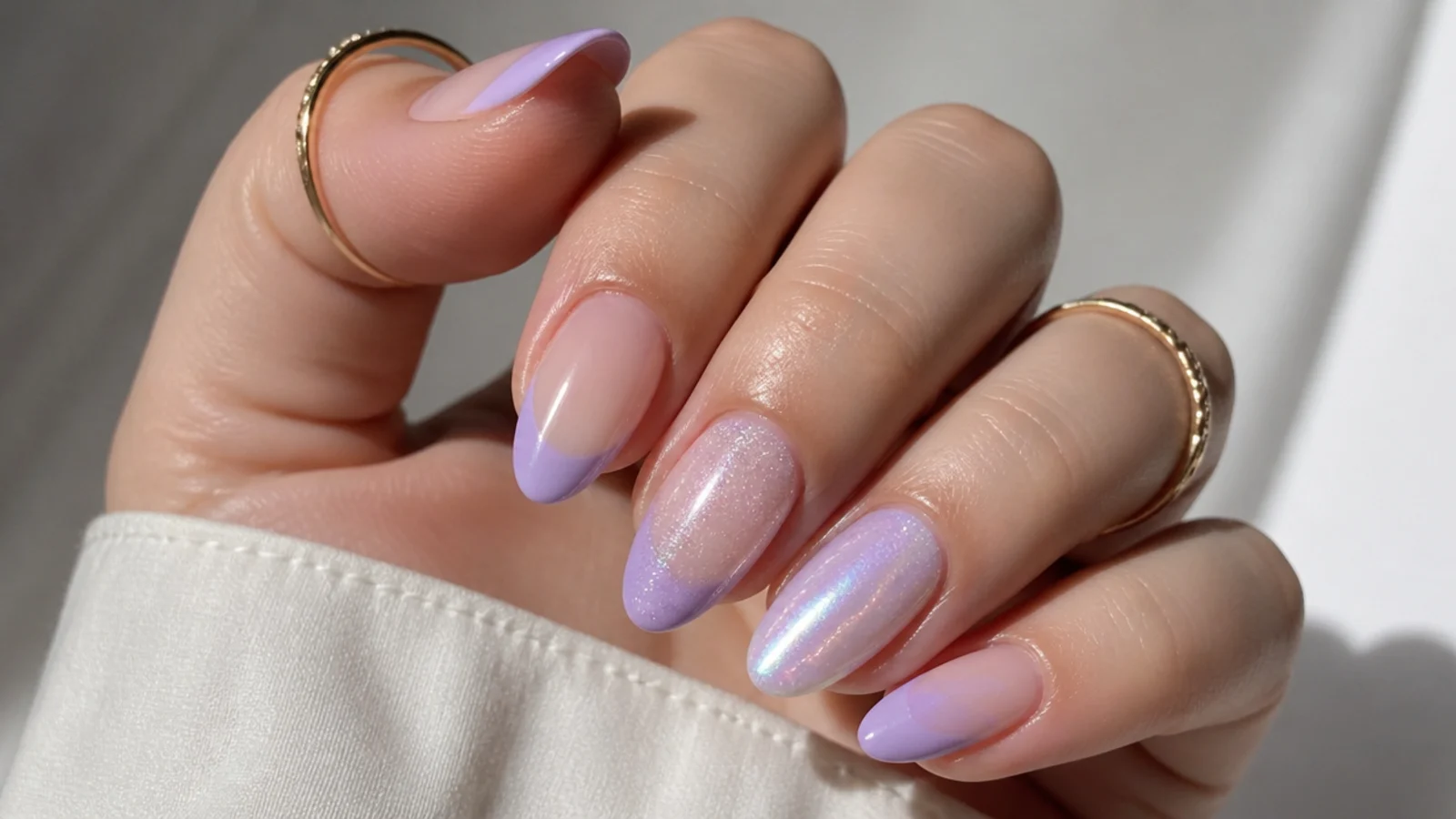 Light purple french tips shown in chrome, milky, glitter and ombre finishes