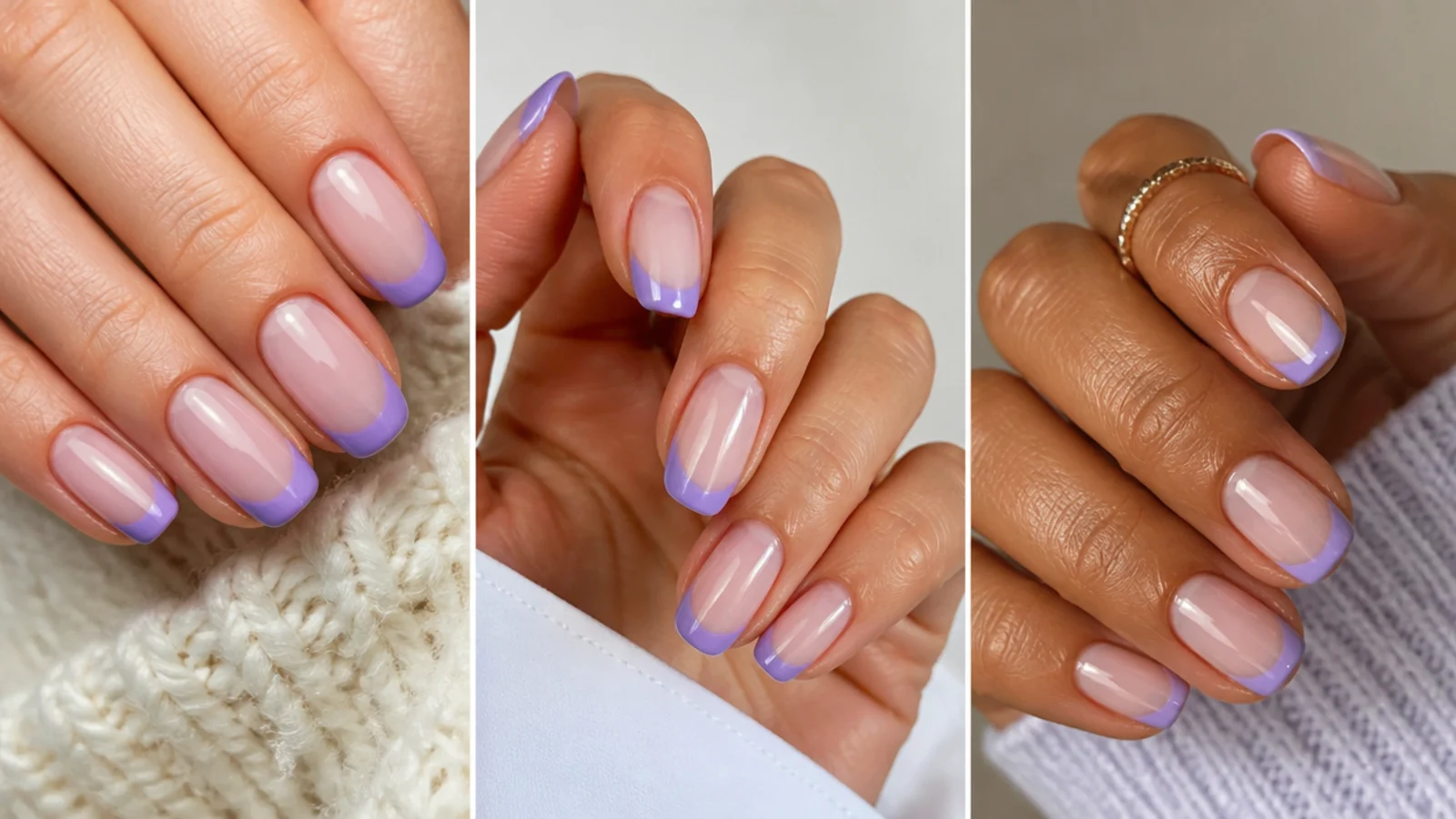 Light purple french tips shown against fair, medium and tan skin tones