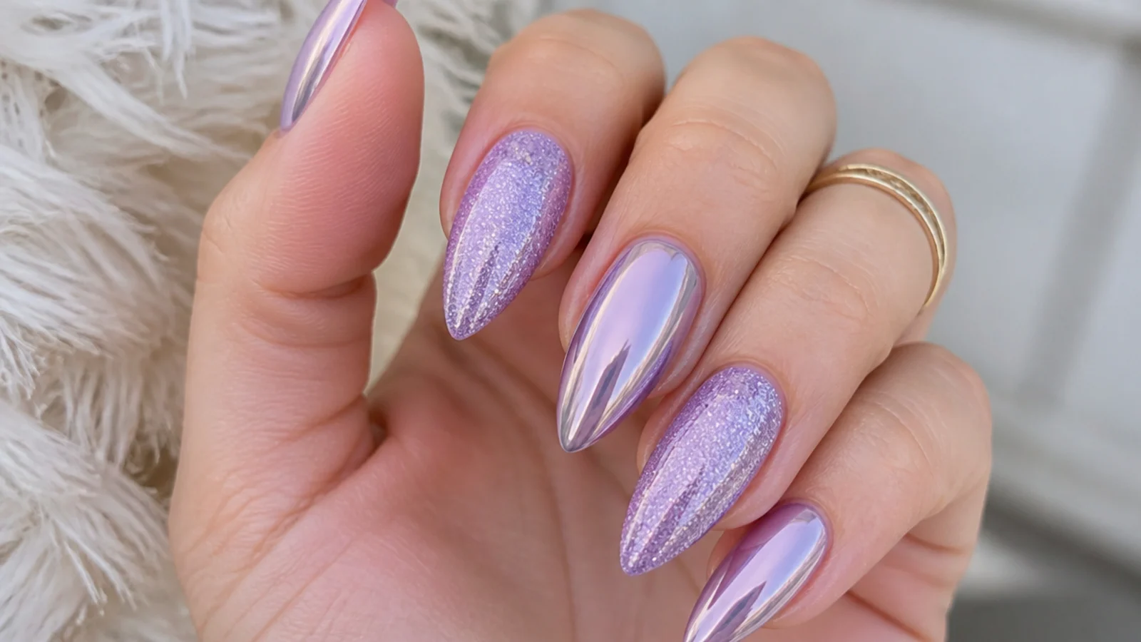 Light purple lavender nails with a mirror chrome and glitter finish