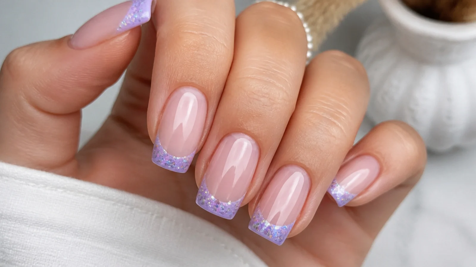 Light purple French tip nails with holographic glitter tips