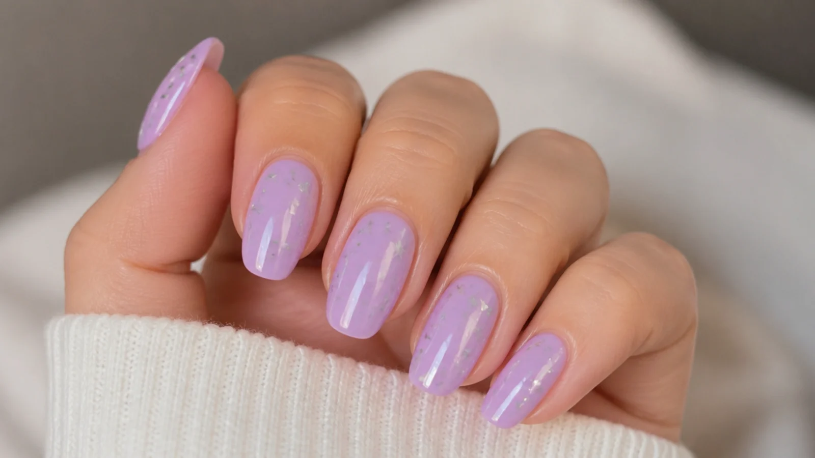 Light purple nails scattered with tiny silver star glitter shapes