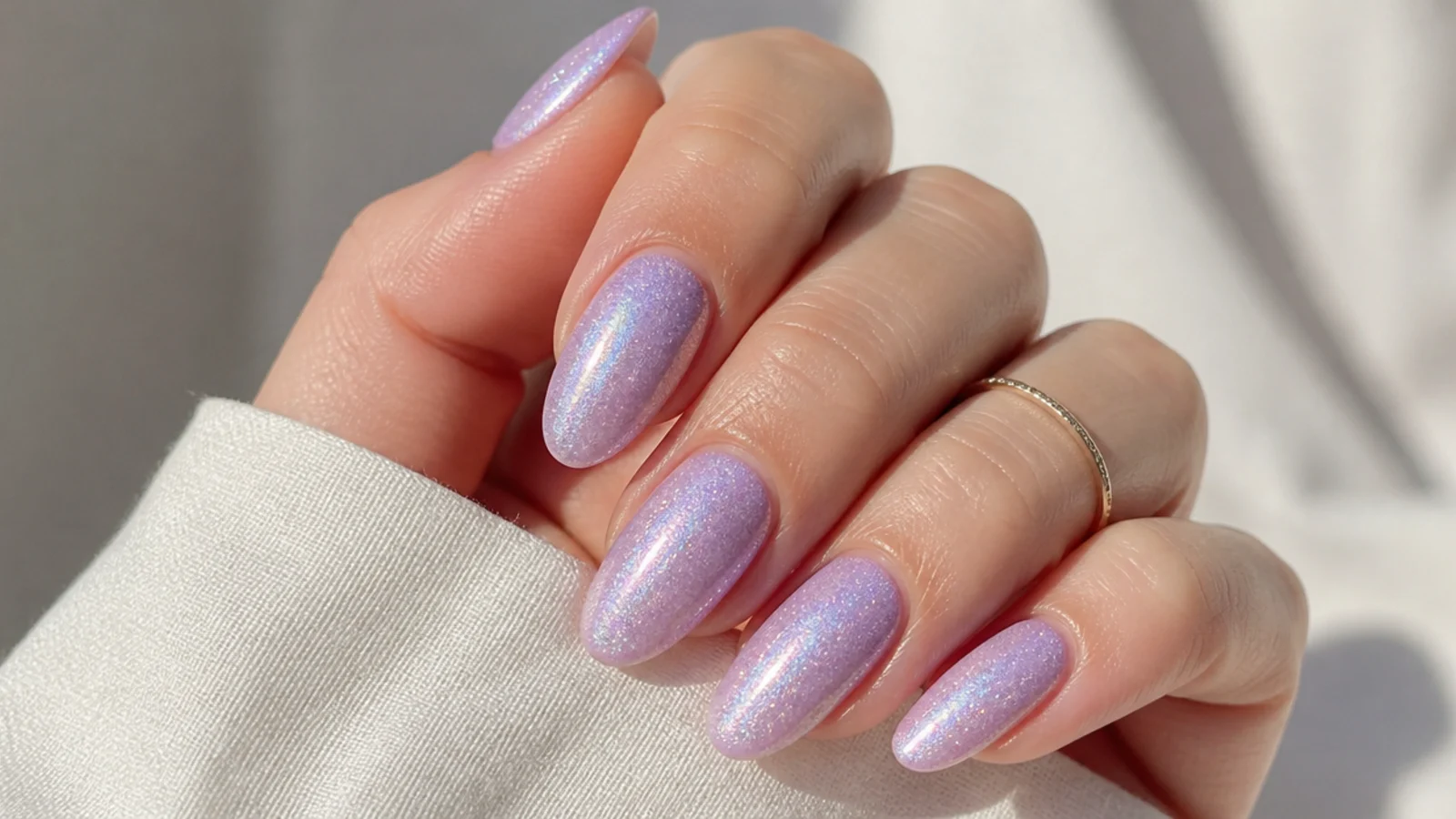 Glazed light purple nails with a pearly iridescent glitter finish