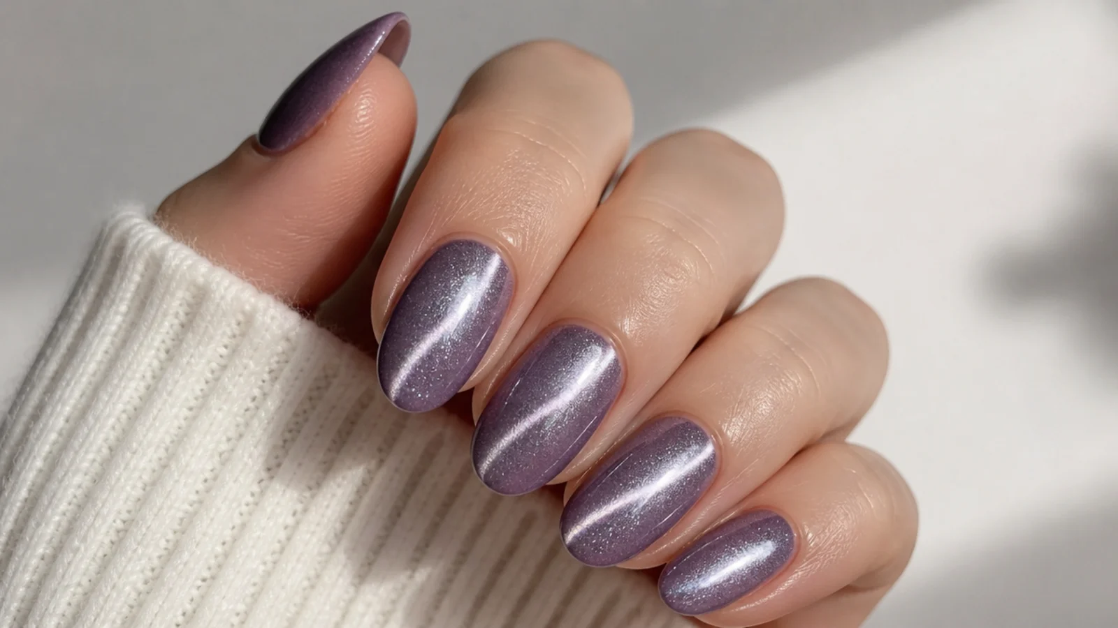 Light purple cat-eye nails with a bright magnetic glitter stripe