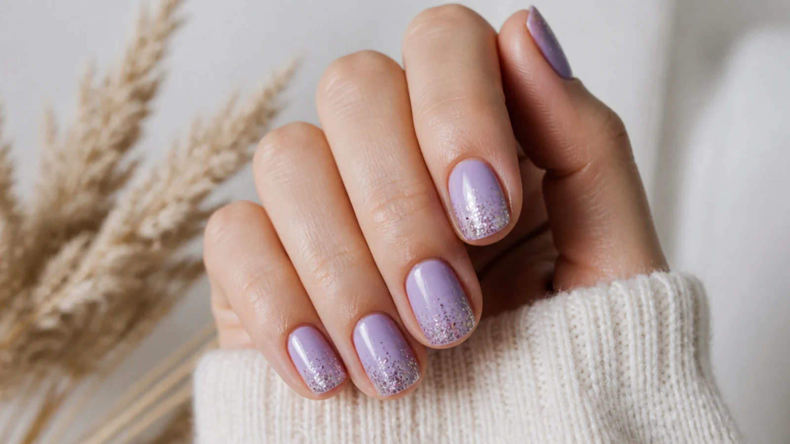 Short light purple nails with fine glitter concentrated at the tips