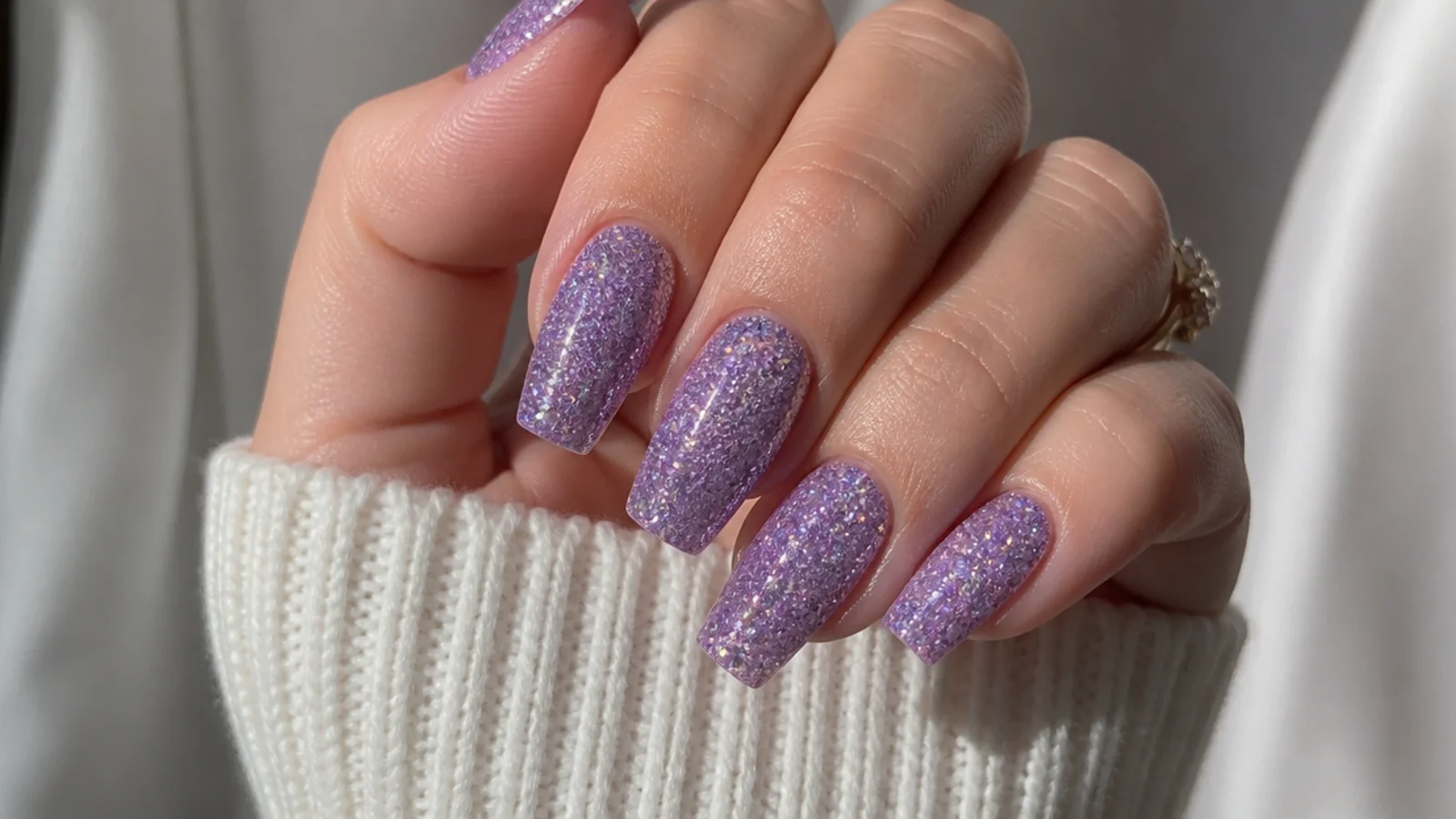 Light purple coffin nails fully packed with dense sparkly glitter