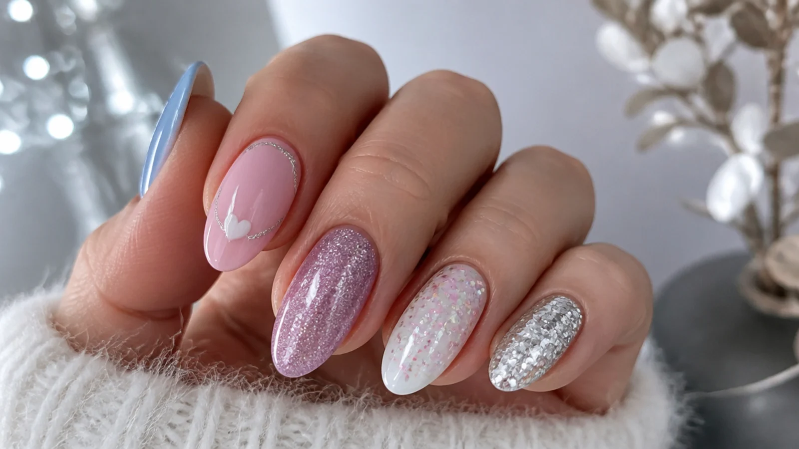 Light purple glitter nails shown beside blue, pink, white and silver accents