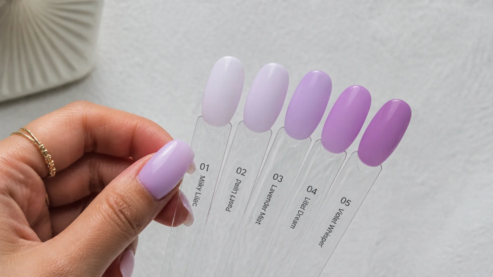 Light purple gel swatches from milky lilac to pastel lavender for matching