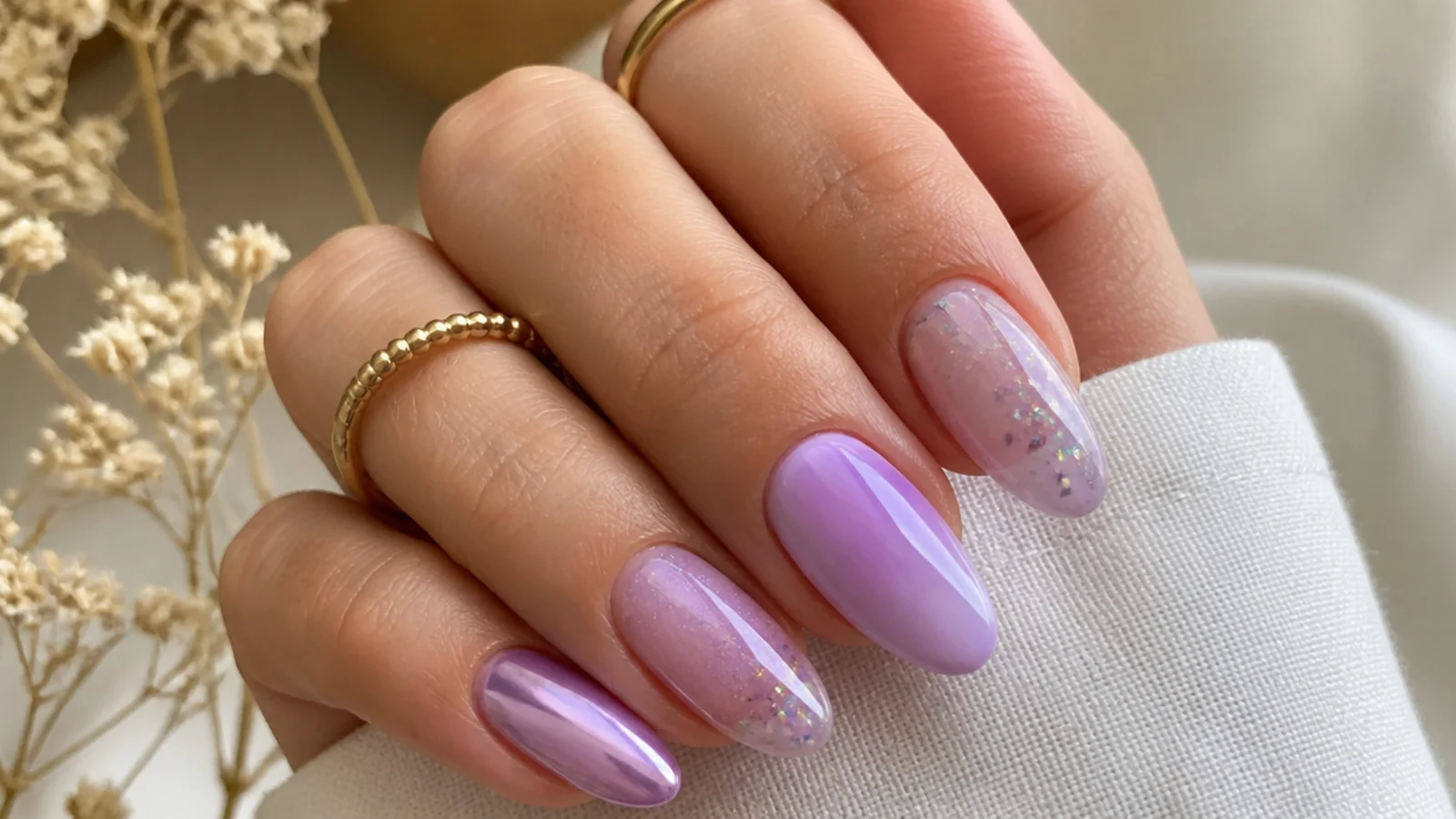 Light purple glitter nails shown in chrome, milky, ombre and almond finishes