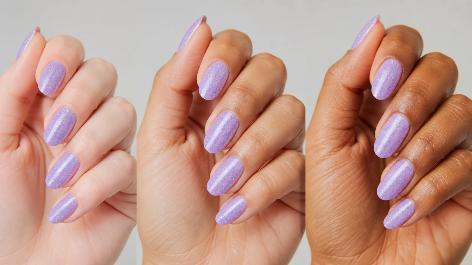 Light purple glitter nail swatches shown against fair, medium and tan skin