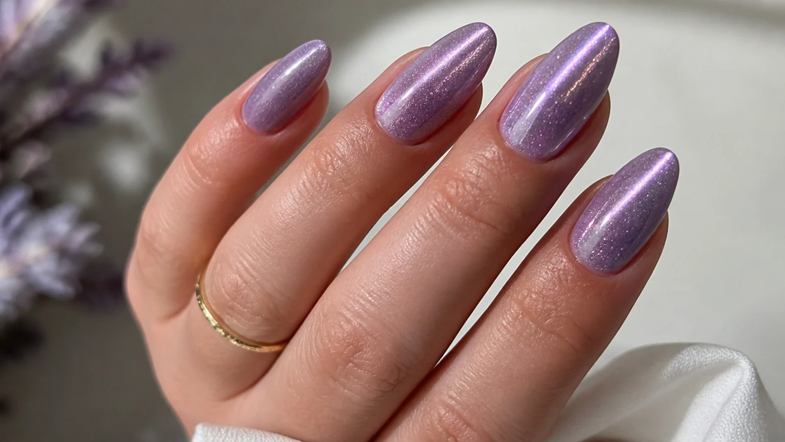 Light purple cat-eye nails with a shifting magnetic light stripe