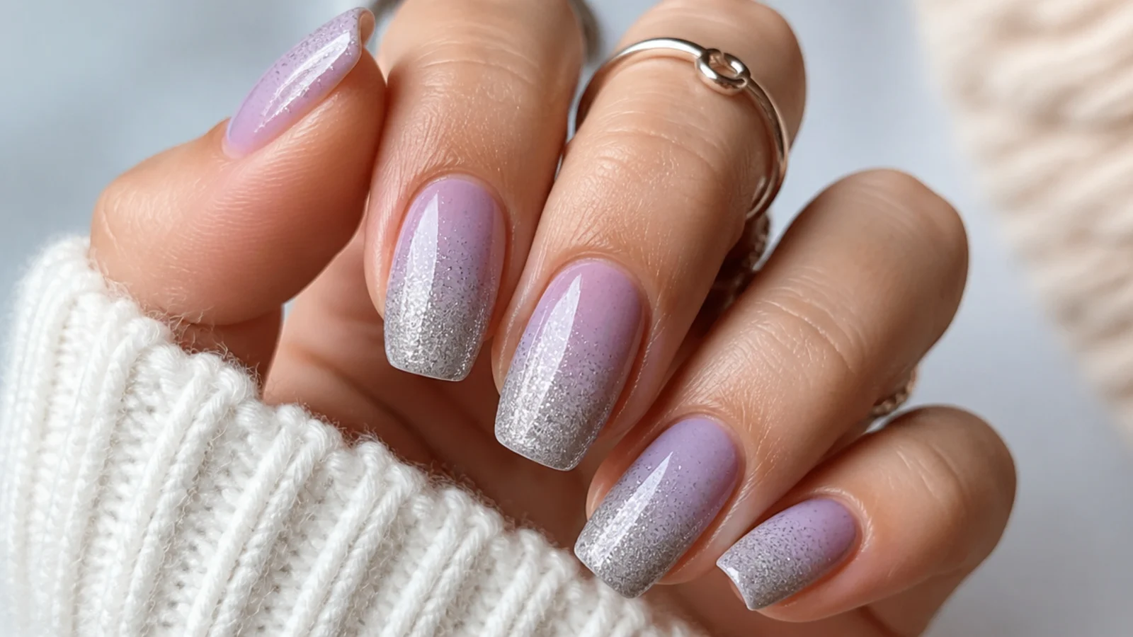 Light purple nails fading into fine silver glitter at the tips