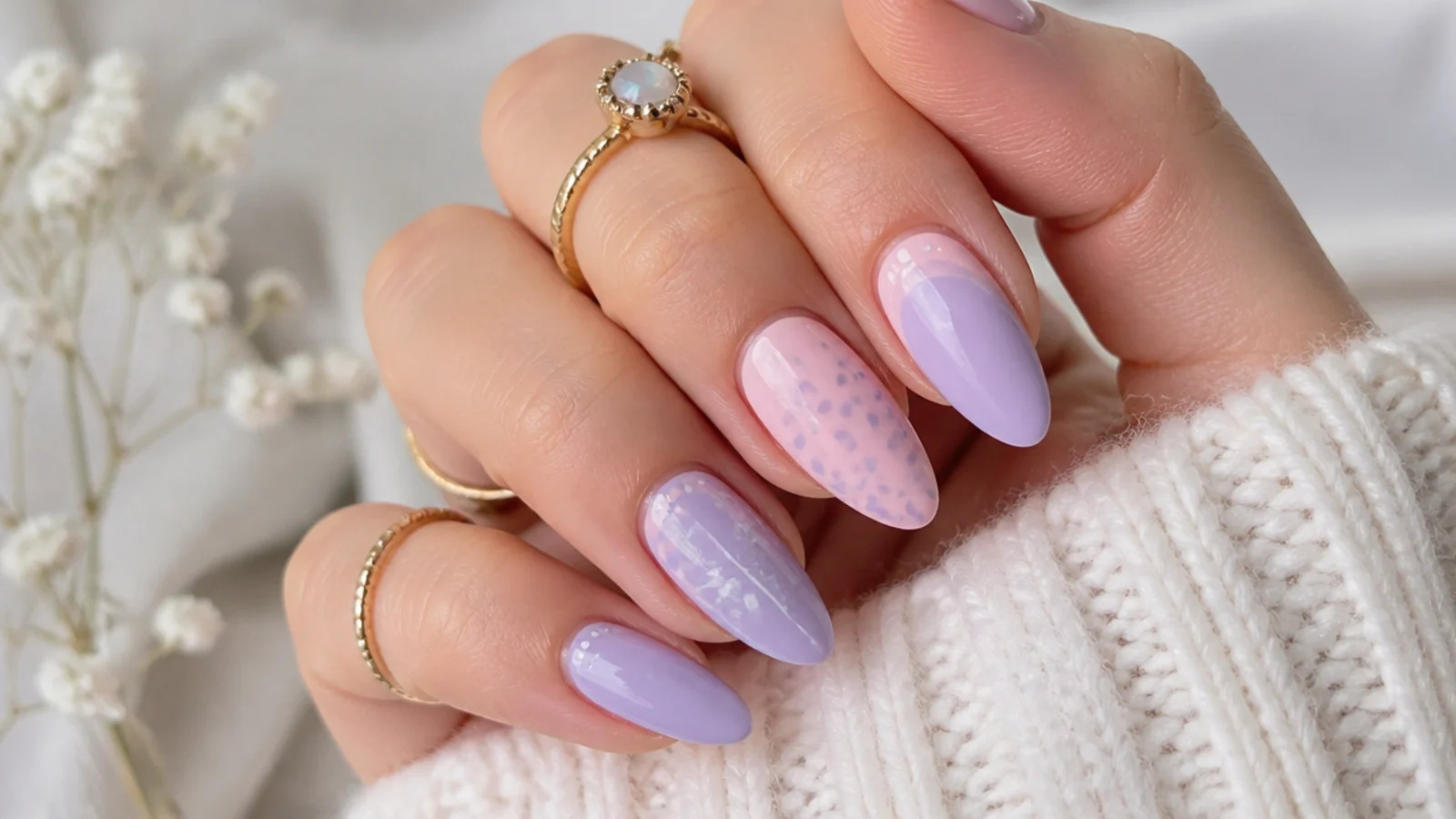 Light purple and soft pink pastel nails in a mixed set
