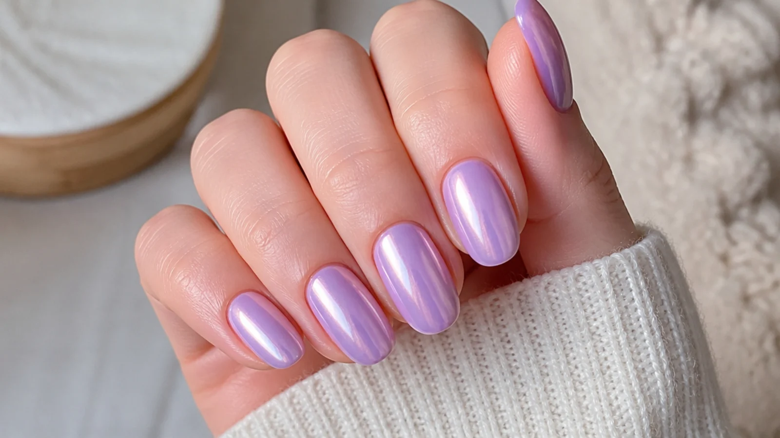 Light purple nails with a pearly glazed-donut shimmer topcoat