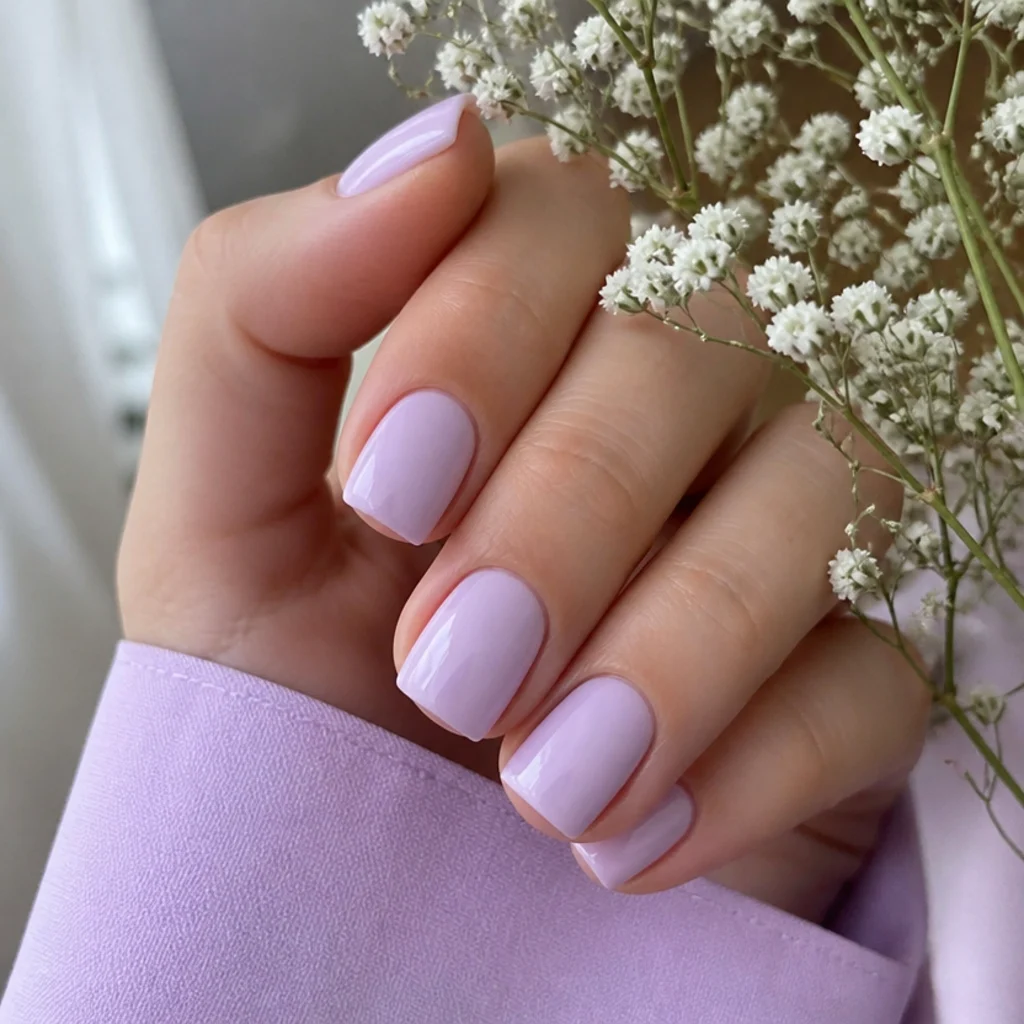 Short square light purple nails in a clean milky lilac