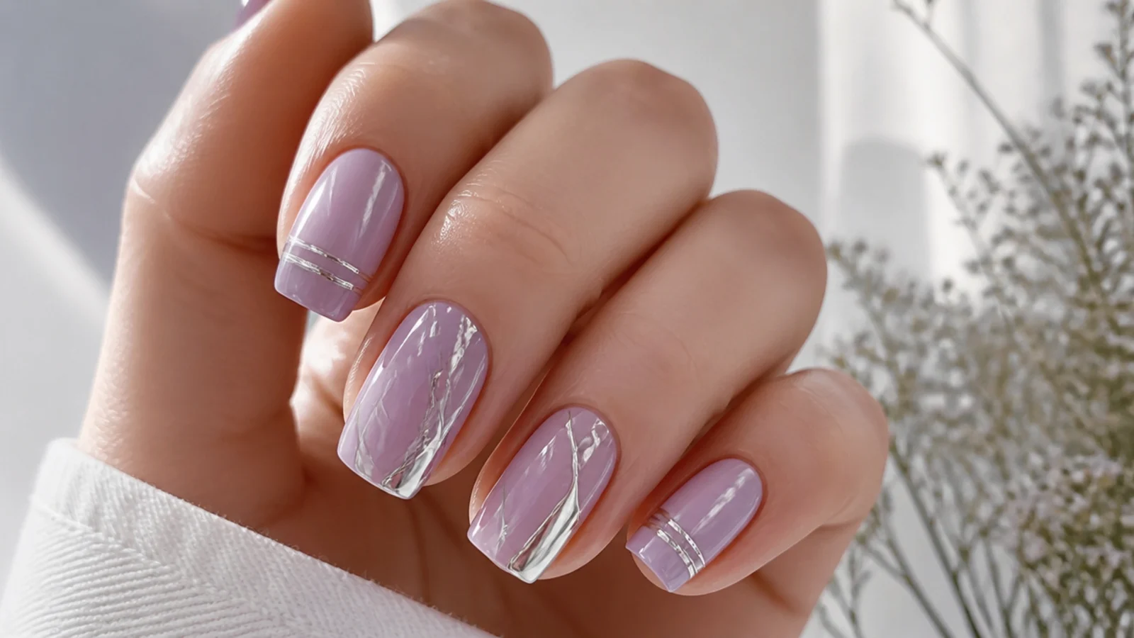 Light purple nails with thin silver line and chrome accents