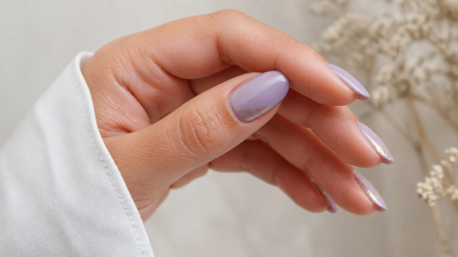 Warm light purple nails with delicate gold foil accents
