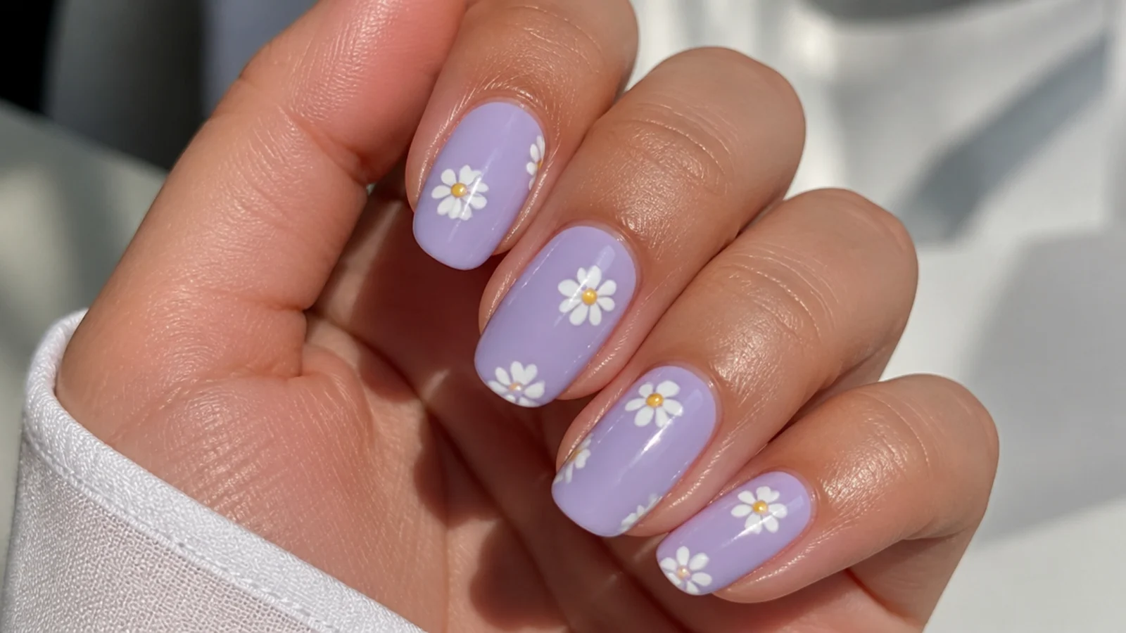 Light purple nails with small hand-painted white daisy flowers