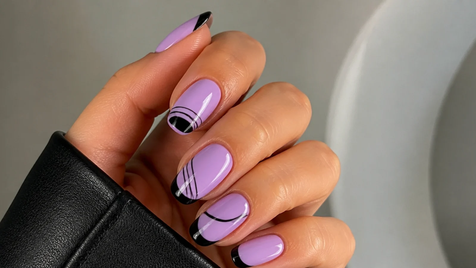 Soft light purple nails with black French tips and line accents