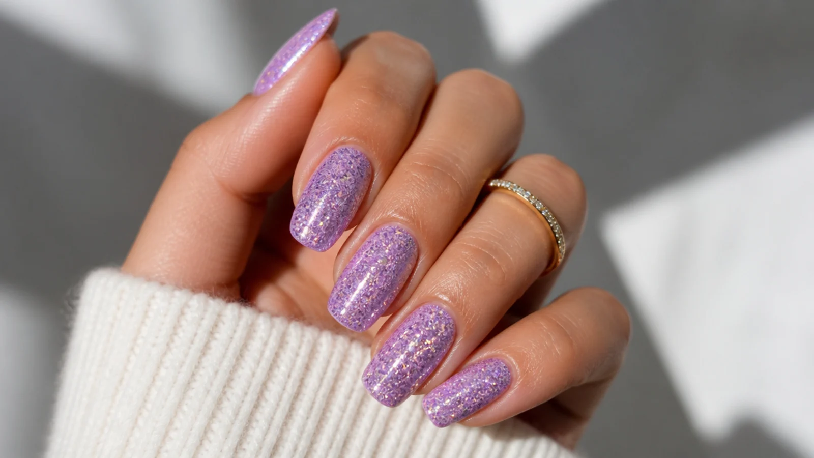 Fully sparkly light purple glitter nails catching the light