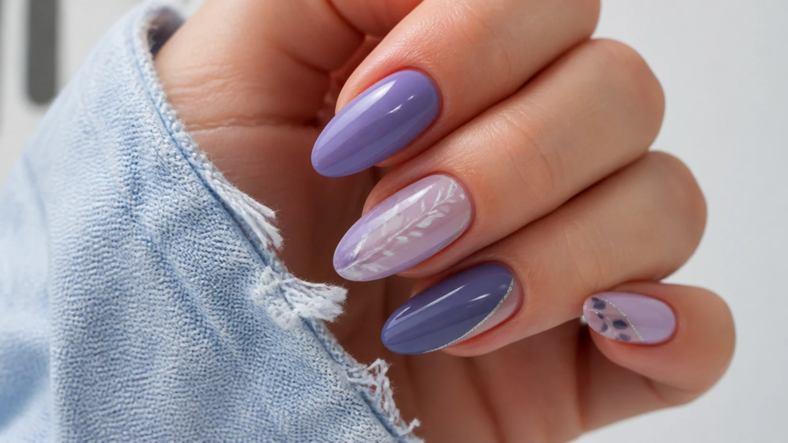 Nails mixing a lighter lilac and a deeper gray-blue lavender