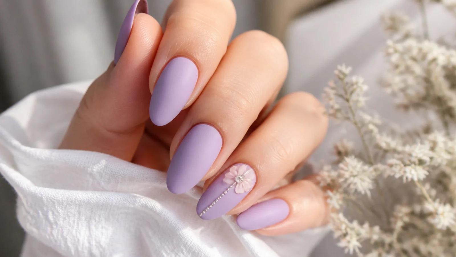 Soft light purple nails with a velvety matte finish