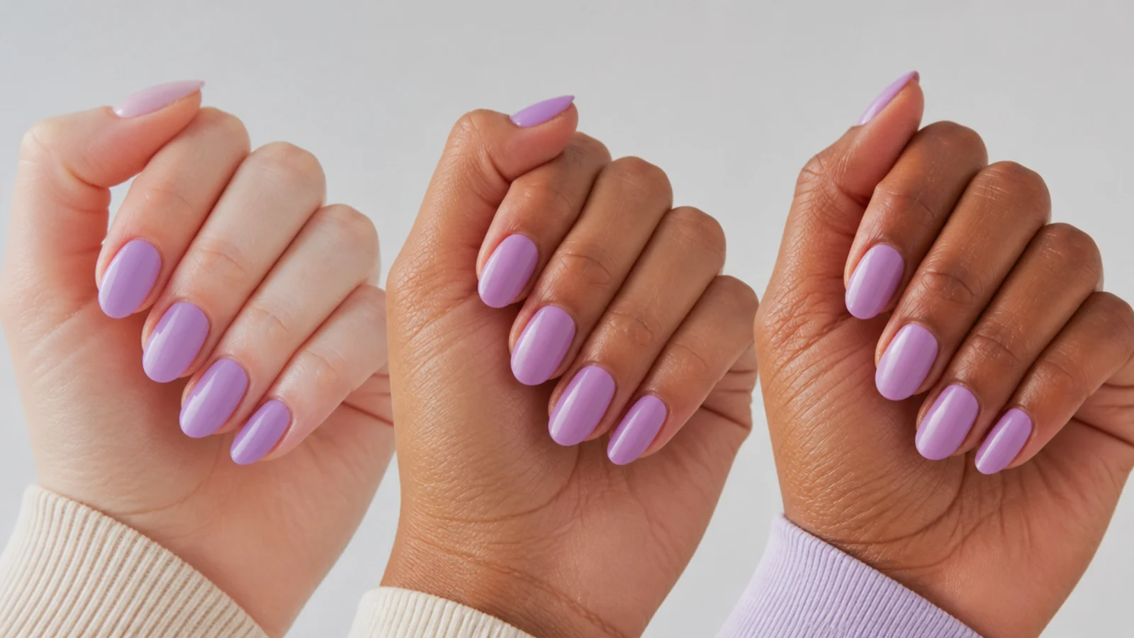 Light purple nail swatches compared across fair, medium and tan skin