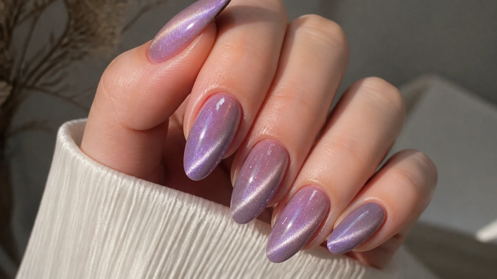 Light purple cat-eye nails with a soft magnetic light streak
