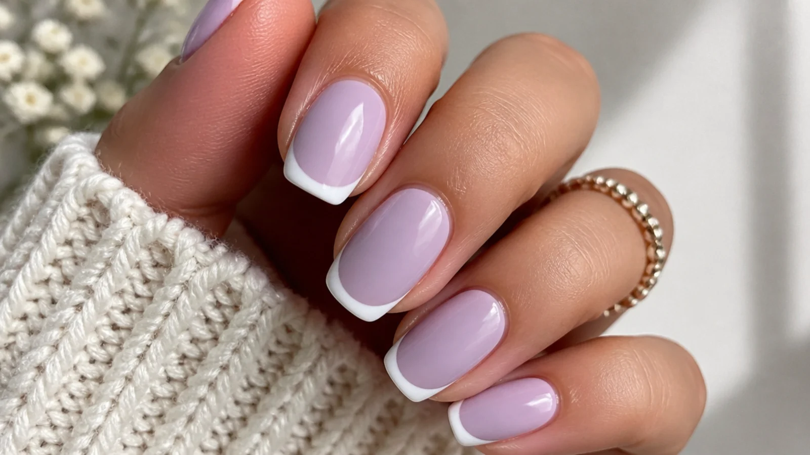 Soft light purple nails with a thin white French tip