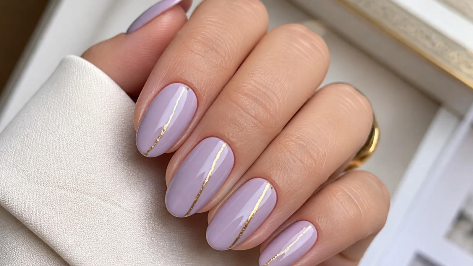 Light purple nails with thin gold foil accent lines