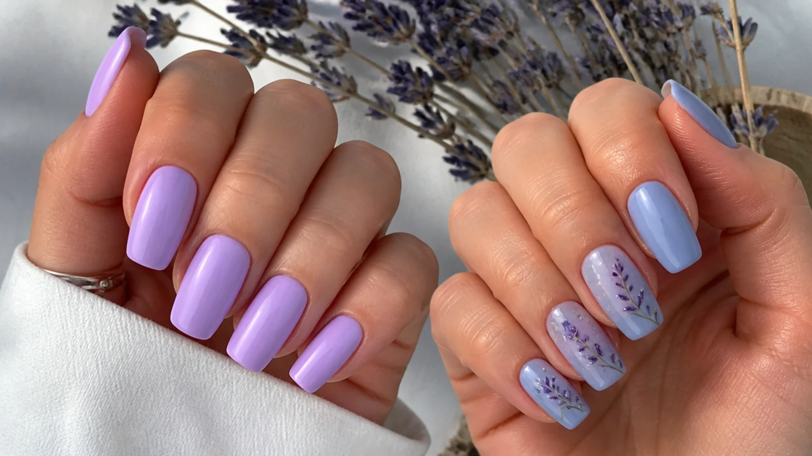 Broad light purple lilac nails beside a soft gray-blue lavender set