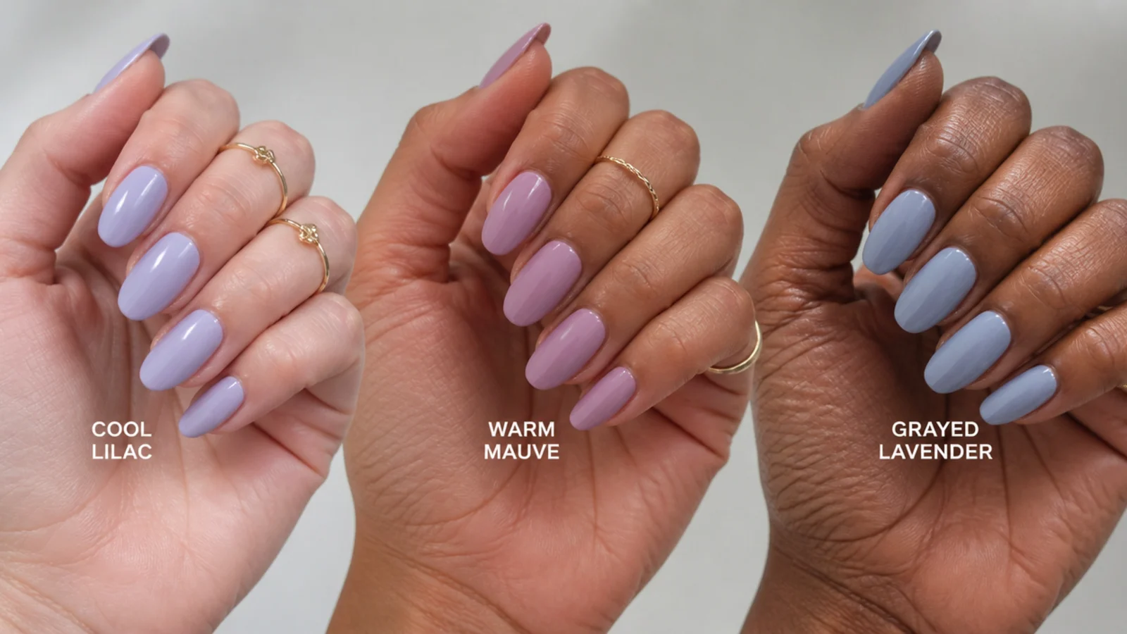 Three light purple swatches from cool to warm to grayed on different skin tones