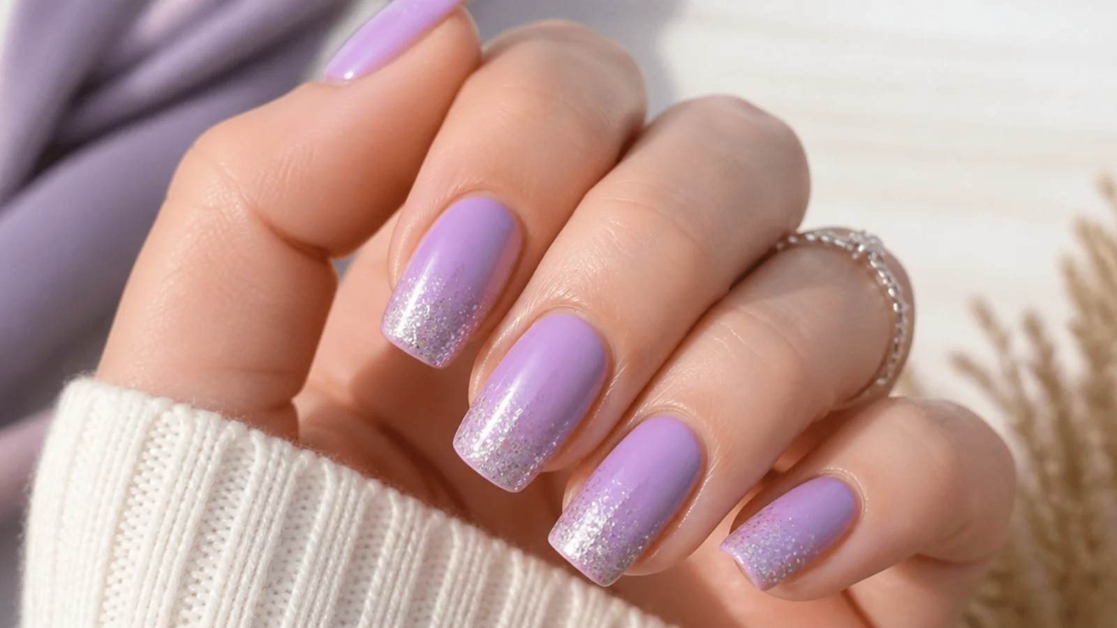 Light purple nails with sparkly silver glitter fading in from the tips