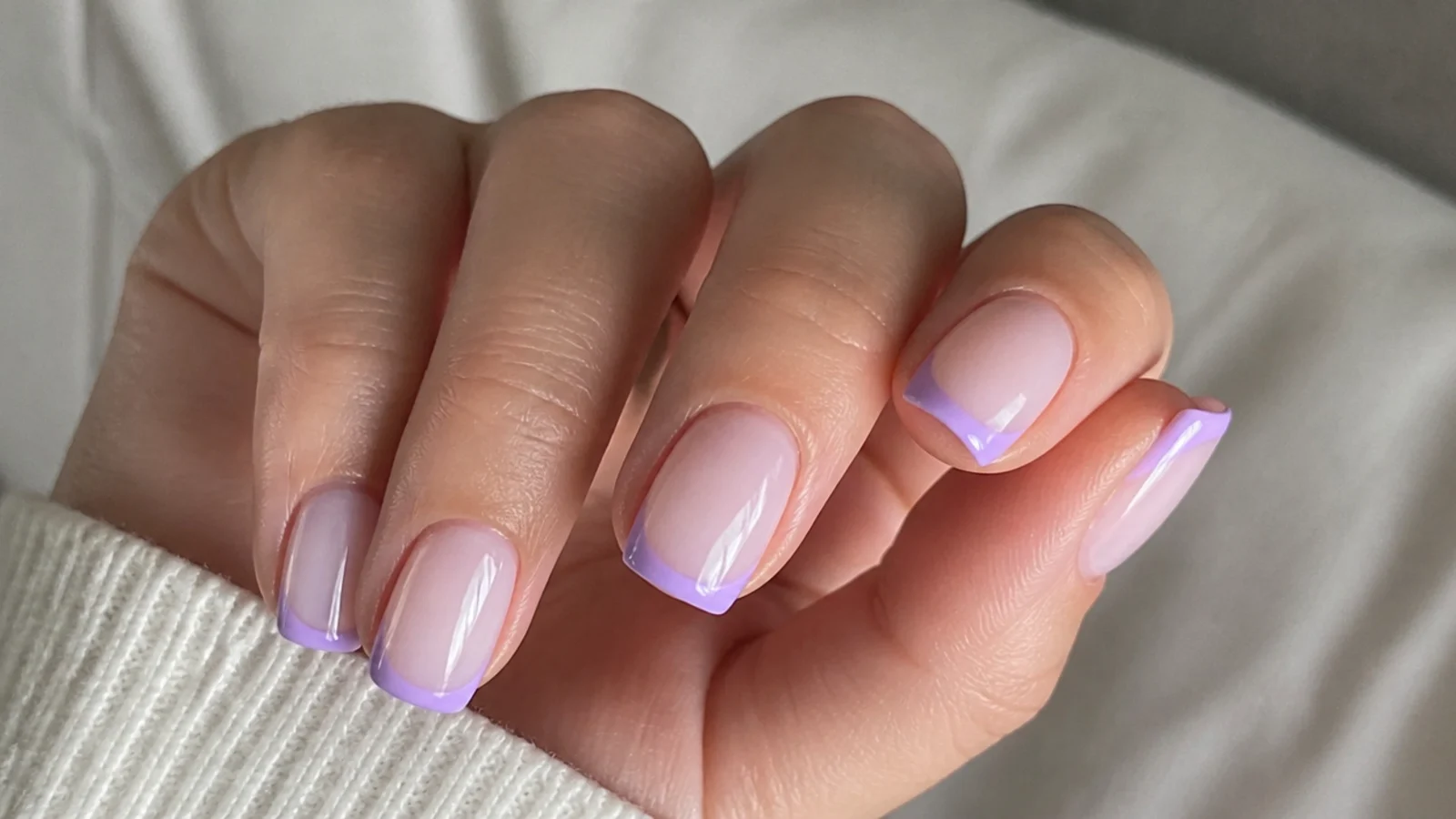 Milky base light purple nails with soft lilac French tips