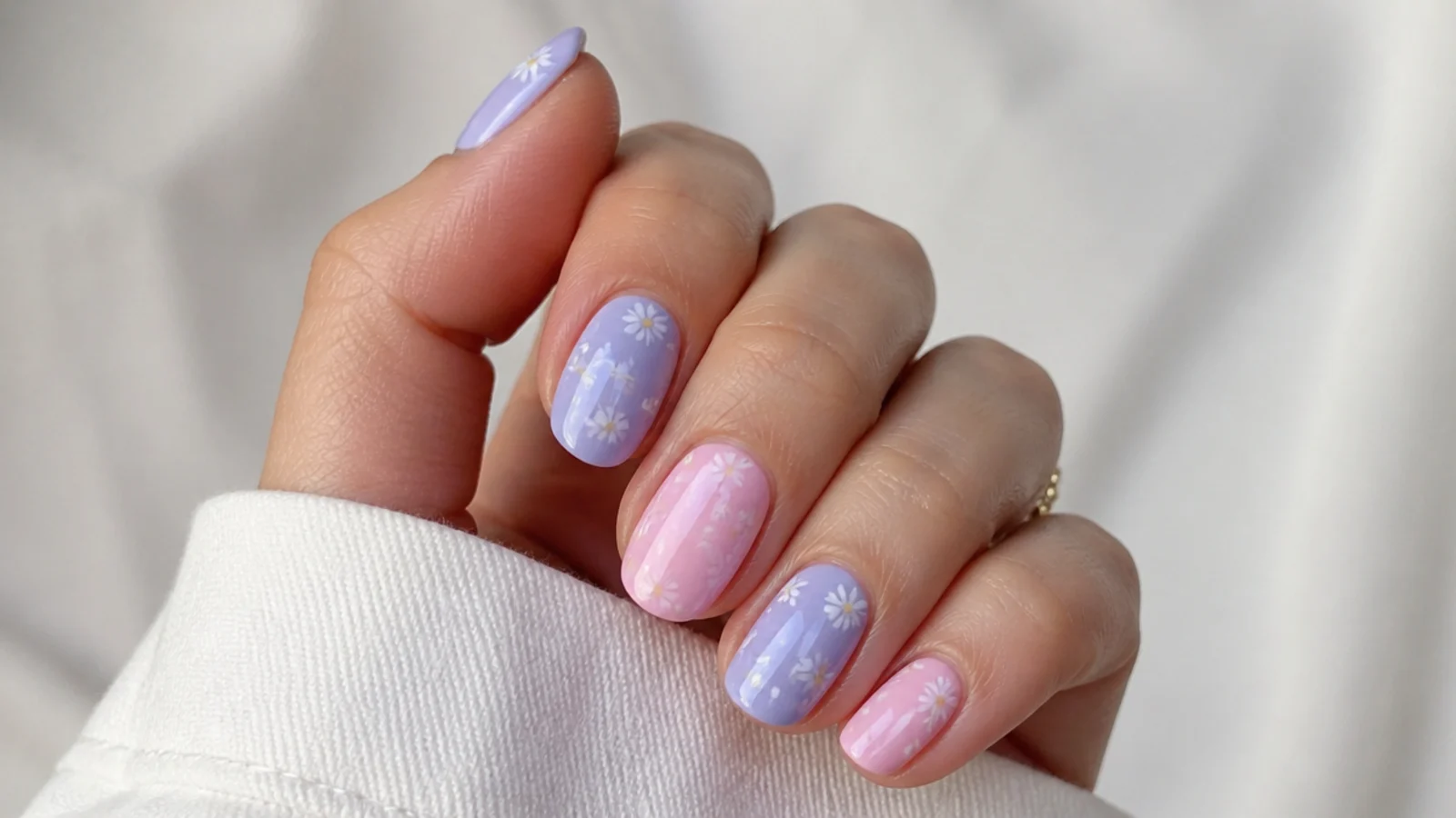 Light purple and soft pink pastel nails alternating on a hand