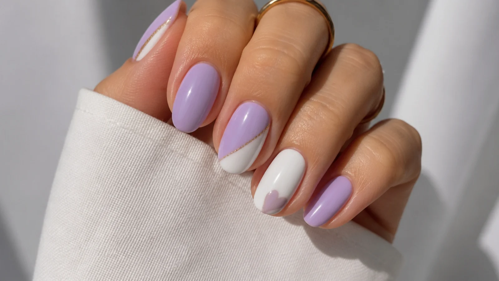 Light purple and white pastel nails with clean color blocking