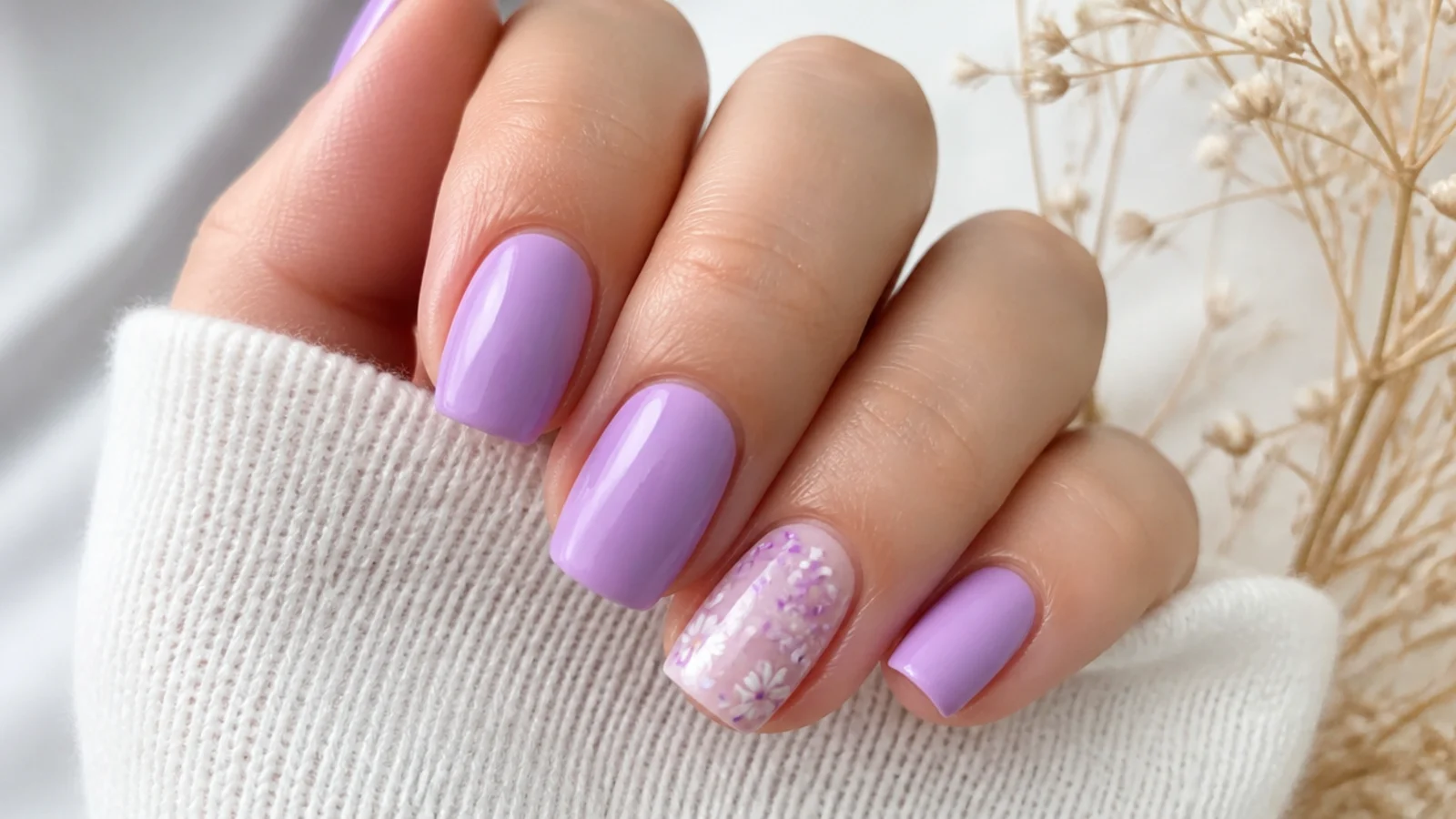 Light purple nails with a small white and purple floral accent nail
