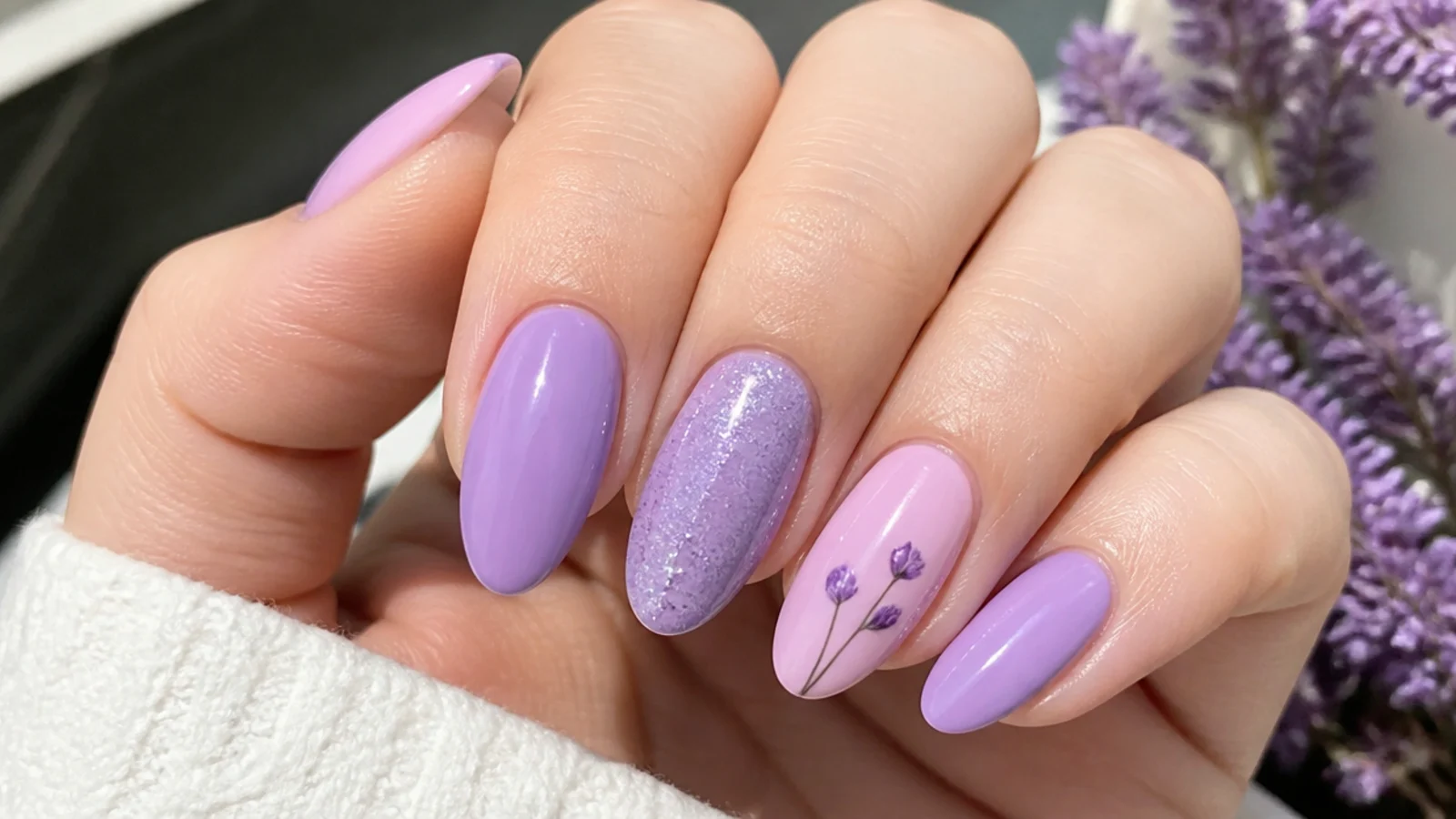 Light purple nails alternating true lavender and pink-lilac shades