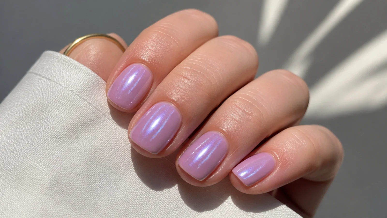 Short light purple nails with a soft pearly glazed lilac finish