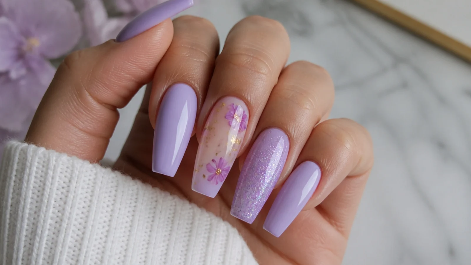 Sculpted light purple acrylic nails in a medium coffin length
